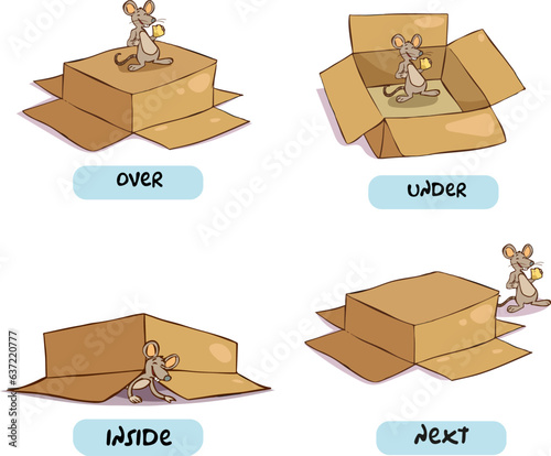 vector illustration of mouse and box.Preposition of place and movement.