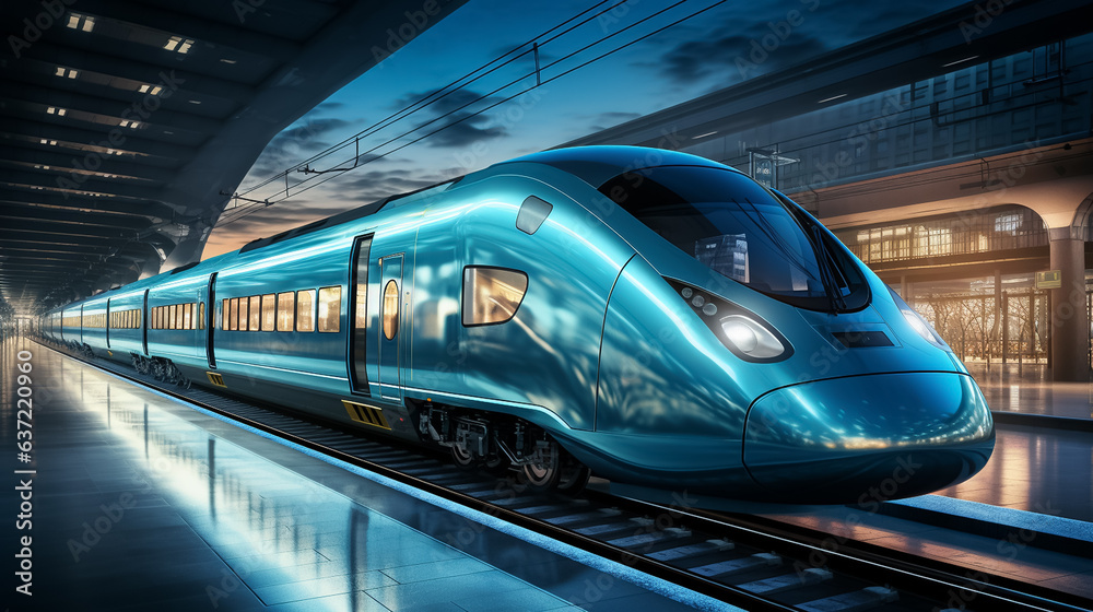 High speed train in motion on the railway station, Railroad with motion blur effect. Commercial transportation. Blurred background High speed train in motion on the railway station, Railroad with motion blur effect. Commercial transportation. Blurred background