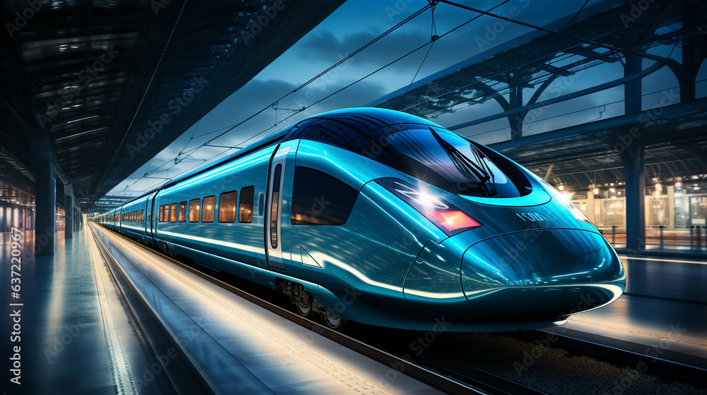 High speed train in motion on the railway station, Railroad with motion blur effect. Commercial transportation. Blurred background