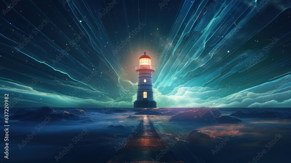 An image of a virtual lighthouse projecting a guiding light over a digital sea, symbolizing the navigation and direction offered by remote work tools | generative AI - obrazy, fototapety, plakaty 