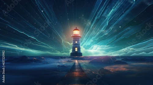 Fényképezés An image of a virtual lighthouse projecting a guiding light over a digital sea,