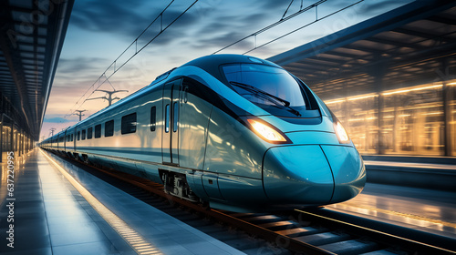 High speed train in motion on the railway station, Railroad with motion blur effect. Commercial transportation. Blurred background