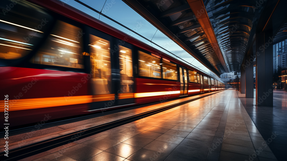 High speed train in motion on the railway station, Railroad with motion blur effect. Commercial transportation. Blurred background High speed train in motion on the railway station, Railroad with motion blur effect. Commercial transportation. Blurred background