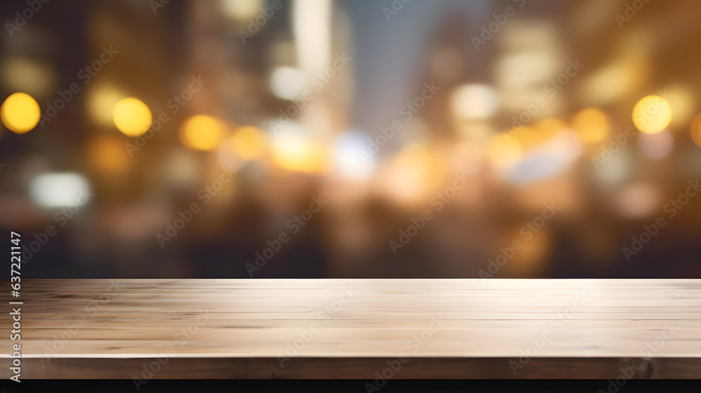 Top desk with blur restaurant background.