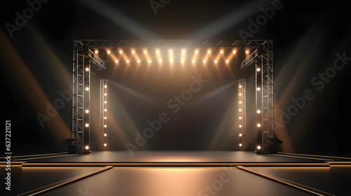 Stage with screen illuminated by spotlights. empty scene for festival