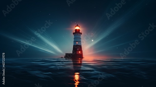 An image of a virtual lighthouse projecting a guiding light over a digital sea, symbolizing the navigation and direction offered by remote work tools | generative AI