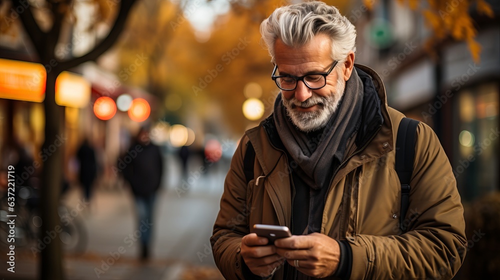 Aged man using phone in the street