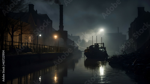 dutch coal barge on the Manchester Canal, 1920s, dirty, night smog by moonlight, thick fog, cinematic art