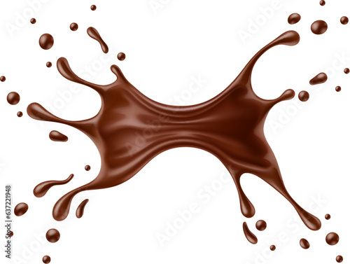 Realistic chocolate milk splash wave with drops, vector cocoa drink and food. Isolated 3d splash of melted dark chocolate, cacao milk shake, liquid choco candy, sauce or syrup, cocoa dessert flow