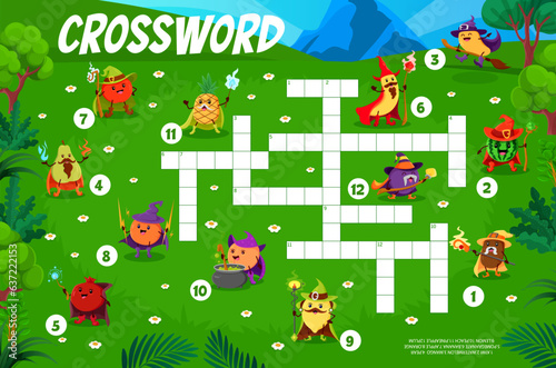 Halloween crossword quiz game. Cartoon funny fruit wizards and mages characters. Crossword wordsearch vector worksheet with apple, pineapple, banana and mango, guava, lemon sorcerers happy personage