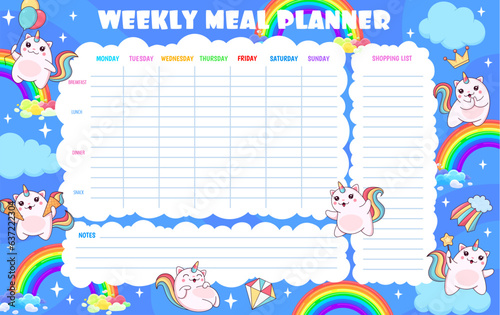 Weekly meal planner with magic caticorn cat and kitten characters. Vector template of schedule for everyday recipes cooking and diet, food calendar, time table blank, organizer with shopping list