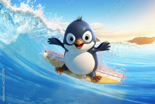 cute penguin enjoying surfing