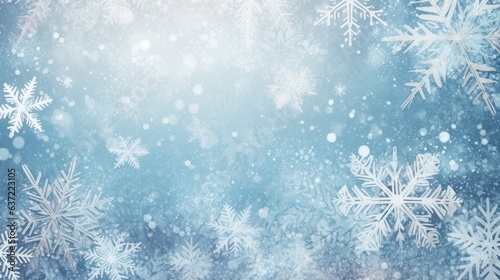 Photo blurred blue background, snowflakes, Christmas 