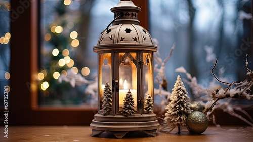 Christmas window sill and fireplace, close up lantern