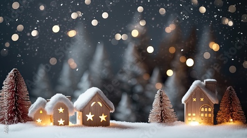 Christmas decoration at night on white snow bokeh background © JuJamal