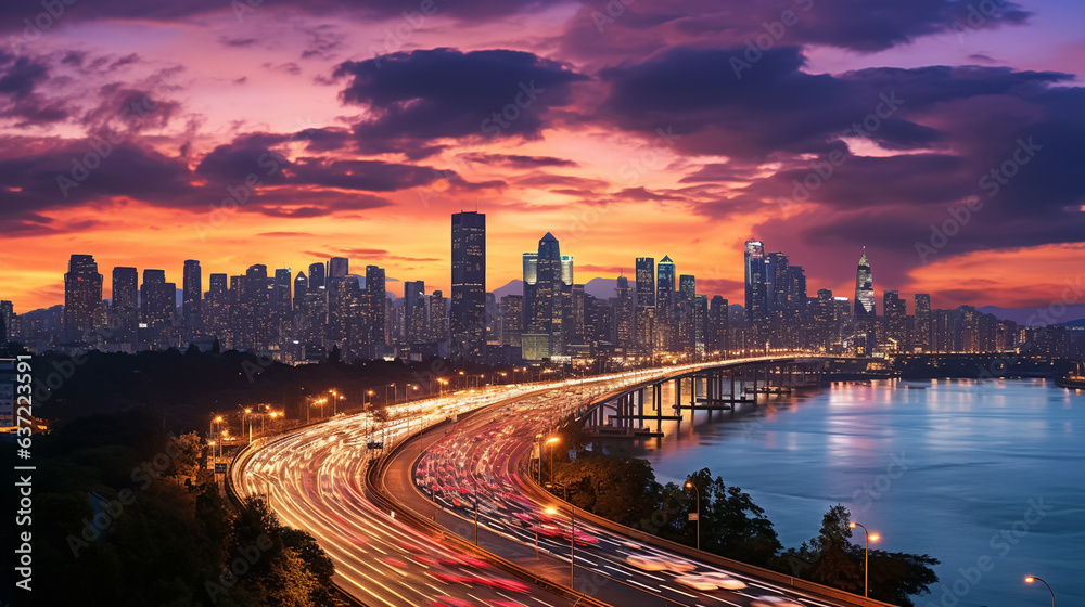 Traffic Seoul City and Seoul City Skyline at Sunset