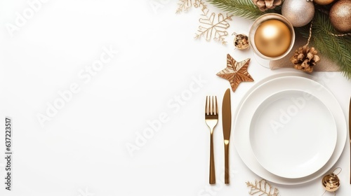 Christmas table setting on white top view, flat lay, copy space