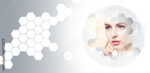 Portrait of healthy and beautiful woman. Female face in honeycomb texture. Young girl in plastic surgery, medicine, spa and face lifting concept.