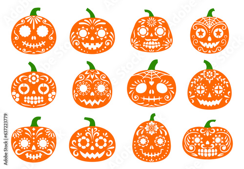 Halloween party mexican pumpkins, dia de los muertos holiday characters with sugar skull pattern. Vector funny and spooky calaca gourd faces, symbol of celebration culture and folklore of Mexico photo