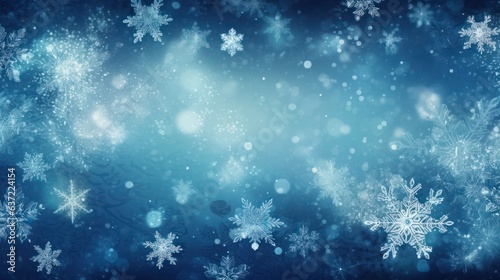 Photo blurred blue background, snowflakes, Christmas  © sambath