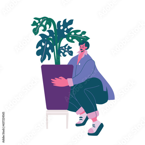 Woman squatting near the house plant isolated on white background.