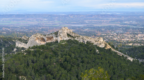 Massive rock formation in the Alpilles on a sunny day