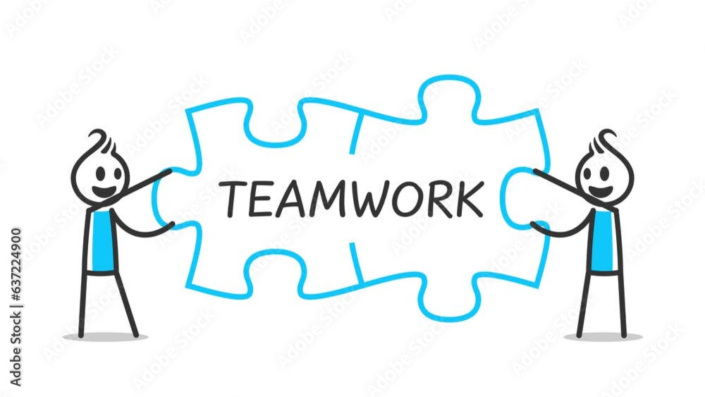 Animation of stick figures joining jigsaw puzzles to be connected each other, teamwork solution