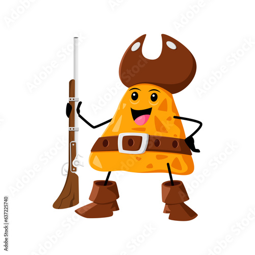 Cartoon nachos pirate and corsair tex mex mexican food character. Isolated vector meal of Mexico armed with a rifle gun, adding an adventurous and daring twist to the traditional snack