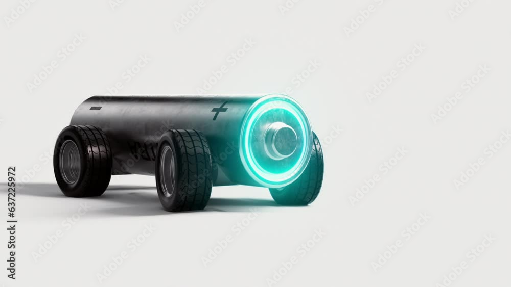 Battery Electric Vehicle with Wheels and Tires - Self-Driving Battery Concept. Fun And Clever Futuristic car EV Idea. Battery Electric Vehicle with Wheels and Tires - Self-Driving Battery Concept. Fun And Clever Futuristic car EV Idea.