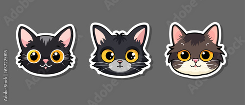 Set vector funny cat faces isolated on white background sticker. Cute cat character face with big eyes, animal trendy vector illustration. Gray black color