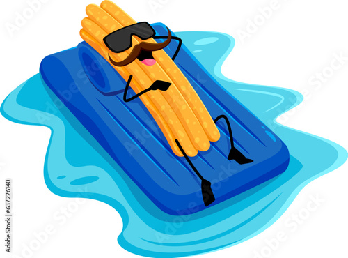 Cartoon churros tex mex food character floating on inflatable mattress during summer vacation. Isolated vector amusing Mexican pastry meal personage enjoying outdoor leisure at coastal destination