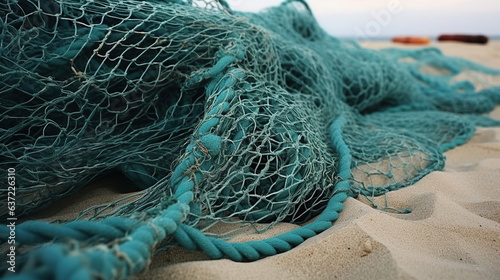 A pile of fishing nets lies on the sand. photo