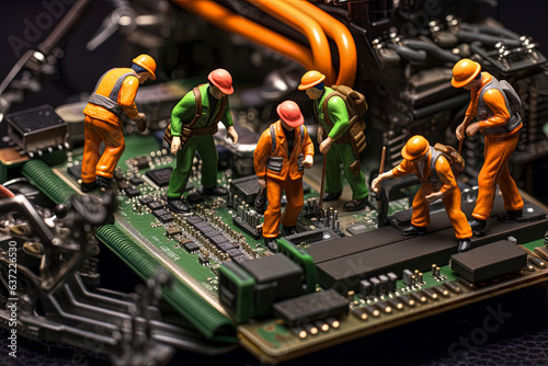 Generative AI illustration of Tiny workers repairing a computer motherboard.Digital art