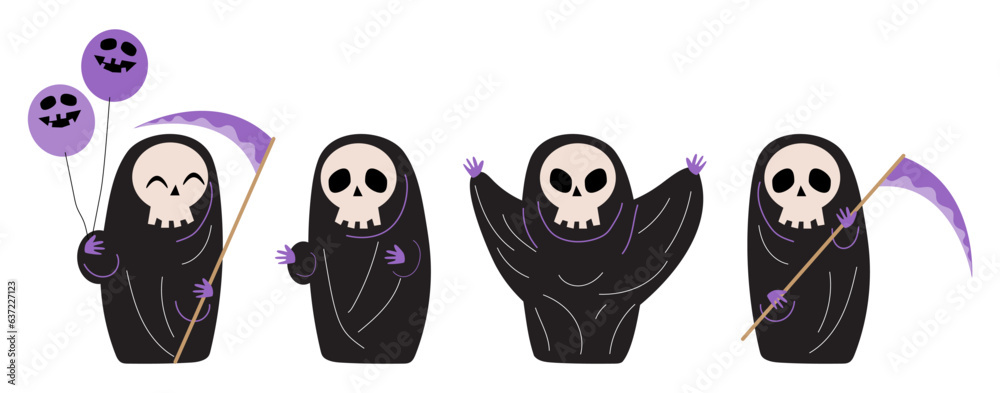 Obraz premium Set of cute Grim reaper . Halloween cartoon characters . Doodle drawing style . Vector.