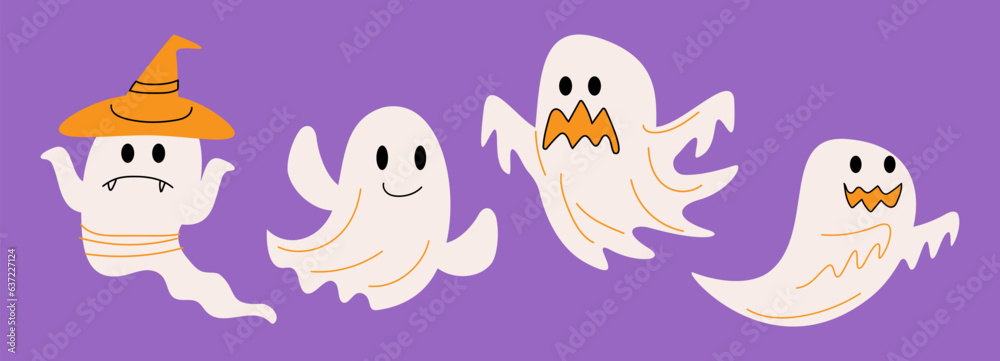 Set of cute Soul . Halloween cartoon characters . Doodle drawing style . Vector. Set of cute Soul . Halloween cartoon characters . Doodle drawing style . Vector.