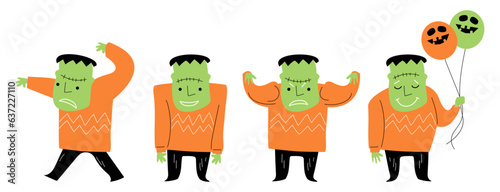 Set of cute Frankenstein . Halloween cartoon characters . Doodle drawing style . Vector.