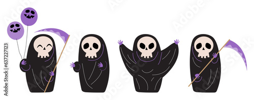 Set of cute Grim reaper . Halloween cartoon characters . Doodle drawing style . Vector.