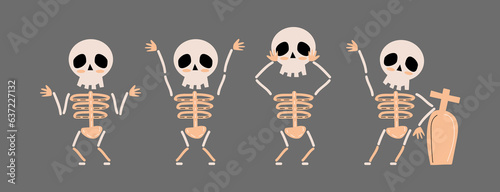 Set of cute Skeletal ghost . Halloween cartoon characters . Doodle drawing style . Vector.