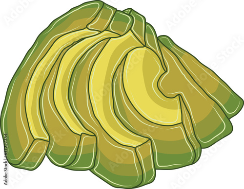 Avocados, green fruits with yellow insides, are cut into small pieces.
