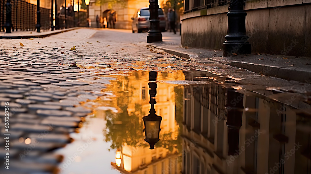 Fototapeta premium Reflecting windows, a puddle transforms the street into an urban canvas.