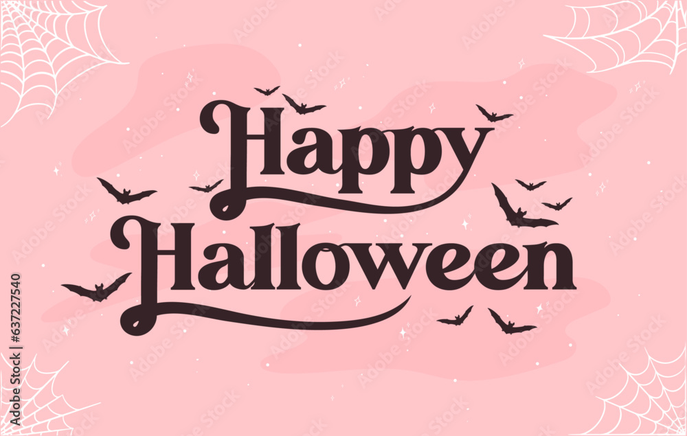 Happy Halloween with black bats and white spider cobwebs in Cute Pink Halloween background. Elements for decor for the celebration of Halloween. Cute Halloween vector elements. 