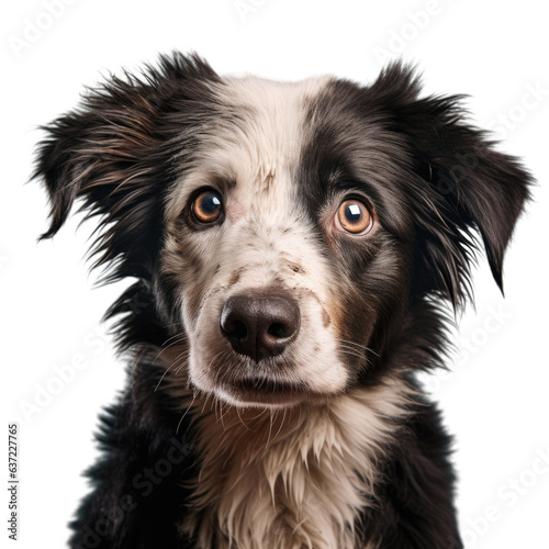 Sad eyed mixed breed with fluffy fur and German shepherd heritage performing a down command