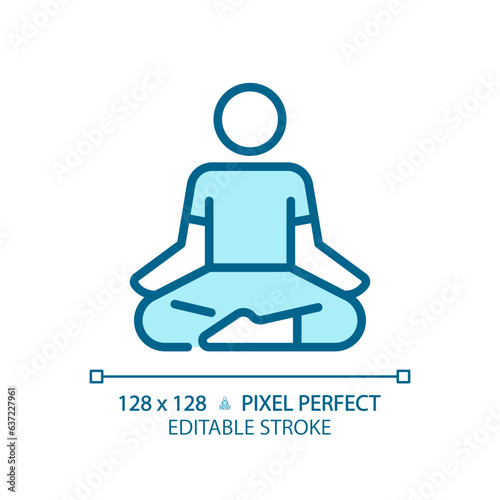 2D pixel perfect editable blue lotus position icon, isolated vector, meditation thin line illustration.