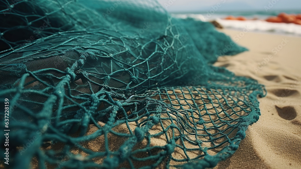 Nets for fishing form a pile upon the sand. - obrazy, fototapety, plakaty 