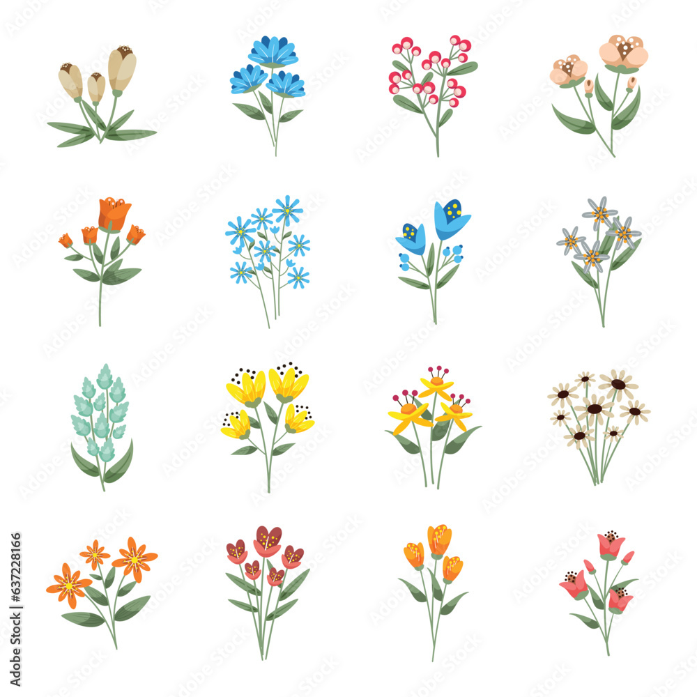 Flower flat hand drawn vector set 