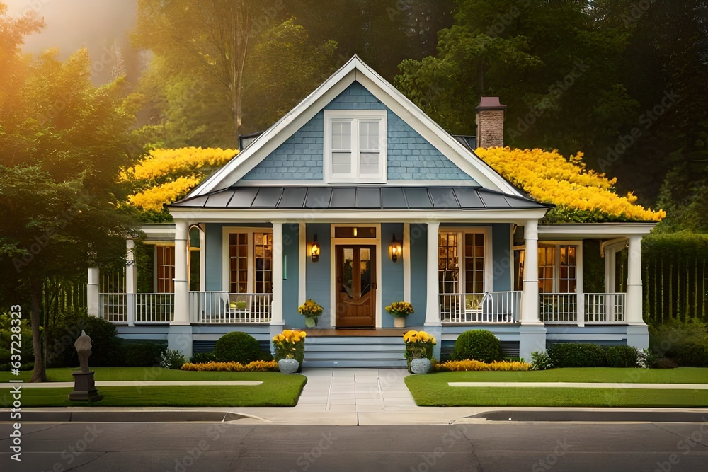 Awesome design of classic wooden house in a beautiful neighborhood. beautiful yellow flowers in front of house