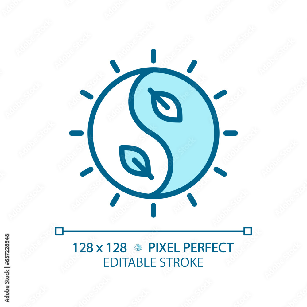 2D pixel perfect editable blue yin and yang icon, isolated vector, meditation thin line illustration. 2D pixel perfect editable blue yin and yang icon, isolated vector, meditation thin line illustration.