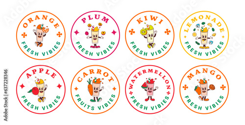 Set of stickers characters of fruit drink from mango, orange, plum, kiwi, lemonade, apple, carrot, watermelon. Isolated vector labels of mascots in groovy comic style on transparent background