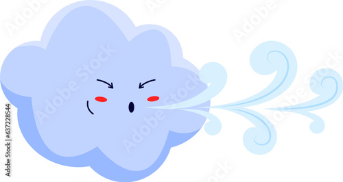 Angry blowing wind, funny cartoon character weather forecast personage. Vector cute windy cloud, weather forecast and meteorology sign