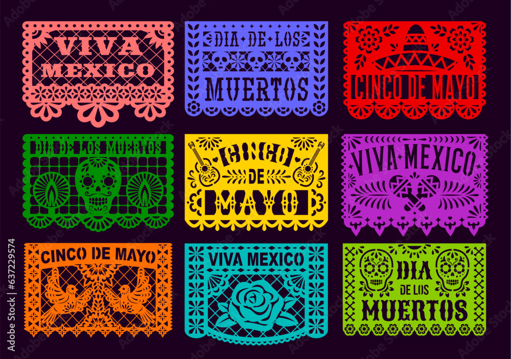 Mexican papel picado paper cut holiday flags. Cinco de mayo, day of the dead, viva Mexico. Vector traditional laser cutting decoration banners with floral pattern, skulls, cacti, flowers or sombrero